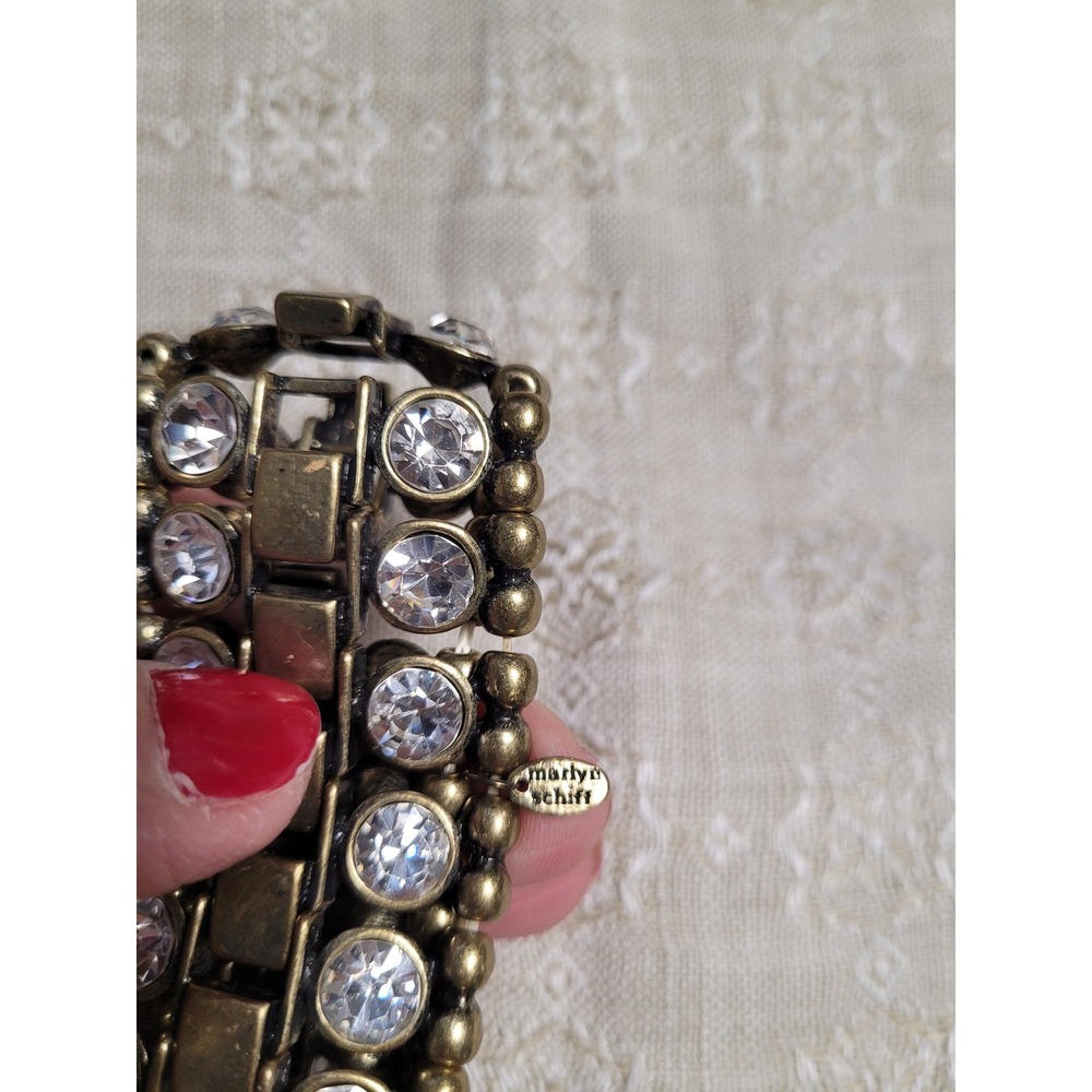 Marlyn Schiff Antique Gold Tone Clear Crystal Stretch Cuff Bracelet Statement - Picture 2 of 4